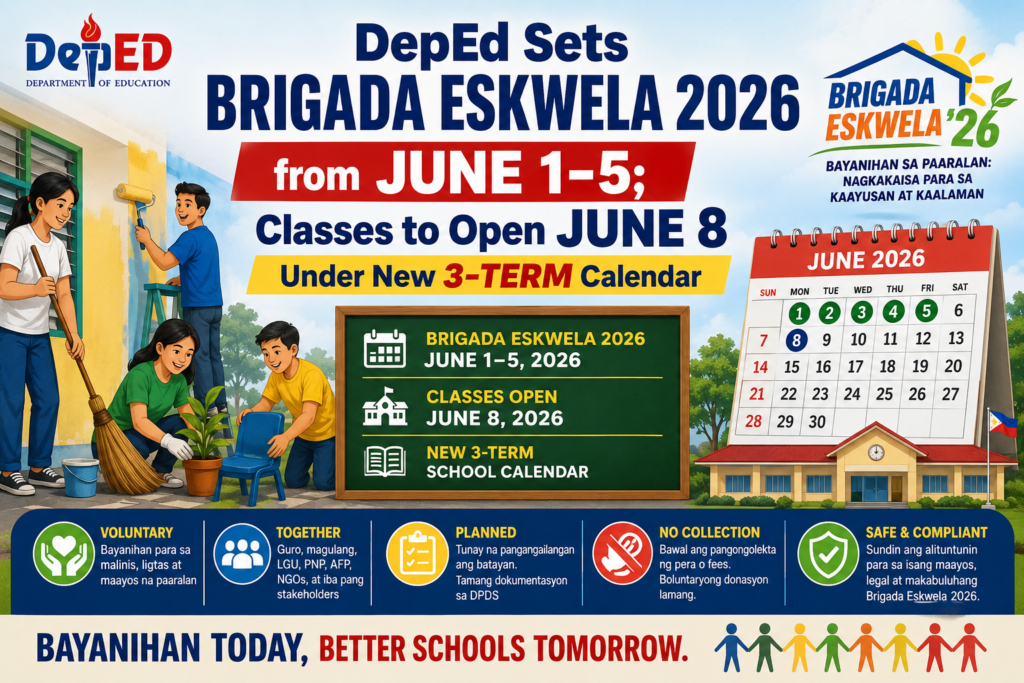 DepEd Sets Brigada Eskwela 2026 from June 1–5; Classes to Open June 8 Under New 3-Term Calendar