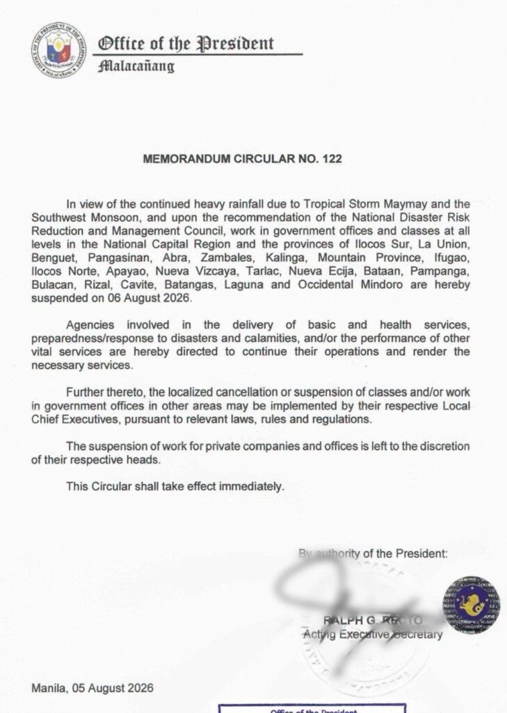 Walang Pasok sa NCR at 22 Lalawigan Ngayong Huwebes, Agosto 6; Sinuspinde ng Malacañang ang Klase at Trabaho sa Pamahalaan