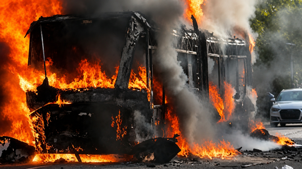 Protesters set a bus ablaze in Belfast, Northern Ireland, on Tuesday. PA Media via Reuters