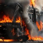 Protesters set a bus ablaze in Belfast, Northern Ireland, on Tuesday. PA Media via Reuters