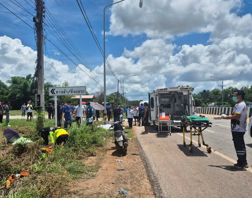 Emergency workers at the site of the crash in Mukdahan on Thursday. Photograph: Ruamjai Mukdahan Rescue/Reuters