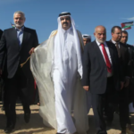 Palestinian leaders and the former Emir arrive at a cornerstone-laying ceremony for a new residential neighbourhood called Hamad in Khan Younis, / Phot File Getty Imagges