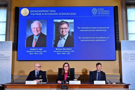 TT News Agency via Reuters Robert E. Hall and Michael Woodford are announced as the laureates of the 2026 Sveriges Riksbank Prize in Economic Sciences in Memory of Alfred Nobel at the Royal Swedish Academy of Sciences in Stockholm, Sweden