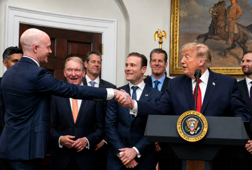 U.S. President Donald Trump shakes hands with Brian Armstrong, Coinbase Co-Founder & Chief Executive Officer, / Photo Reuters