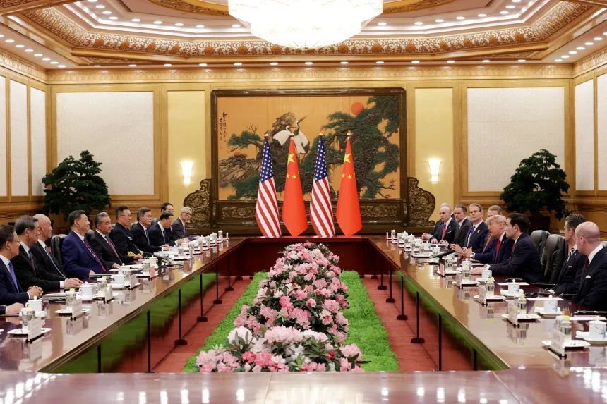 US President Donald Trump and Chinese leader Xi Jinping attend a bilateral meeting at the Great Hall of the People on Thursday. Alex Wong/Getty Images